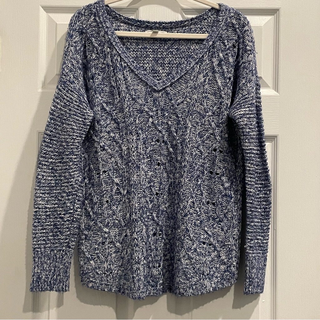 Lucky Brand Coastal Grandmother Blue White Knit Sweater